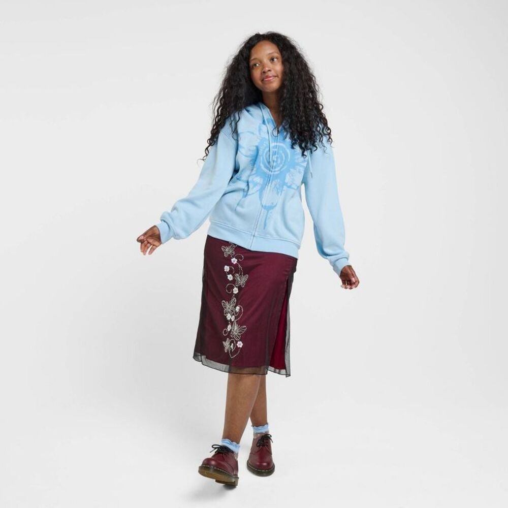 Women's Midi Long Mesh Overlay A-Line Skirt - Maroon Floral M